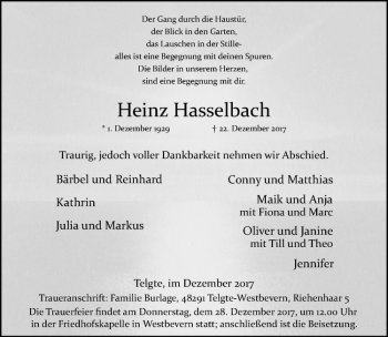 Anzeige von Heinz Hasselbach von Westfälische Nachrichten