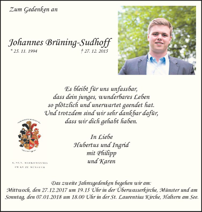  Traueranzeige für Johannes Brüning-Sudhoff vom 23.12.2017 aus Westfälische Nachrichten
