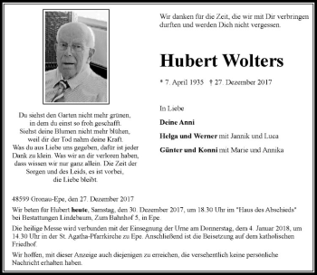 Anzeige von Hubert Wolters von Westfälische Nachrichten