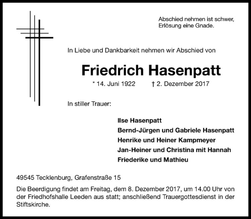  Traueranzeige für Friedrich Hasenpatt vom 05.12.2017 aus Westfälische Nachrichten