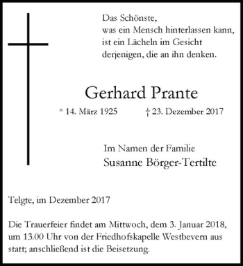 Anzeige von Gerhard Prante von Westfälische Nachrichten