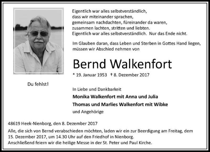  Traueranzeige für Bernd Walkenfort vom 12.12.2017 aus Westfälische Nachrichten