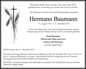 Anzeige von Hermann Baumann von Westfälische Nachrichten