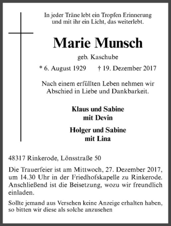 Anzeige von Marie Munsch von Westfälische Nachrichten