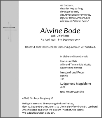 Anzeige von Alwine Bode von Westfälische Nachrichten