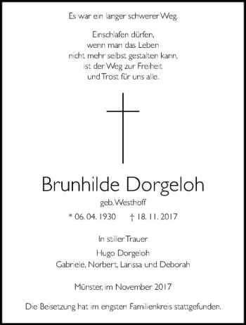 Anzeige von Brunhilde Dorgeloh von Westfälische Nachrichten