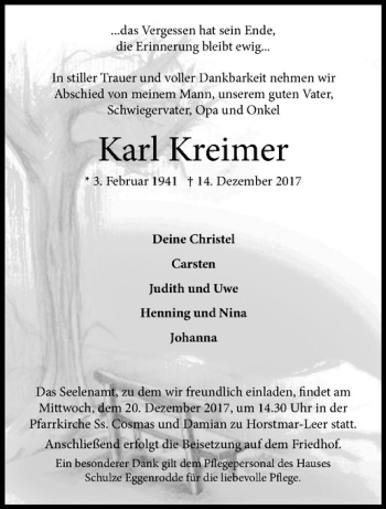 Anzeige von Karl Kreimer von Westfälische Nachrichten