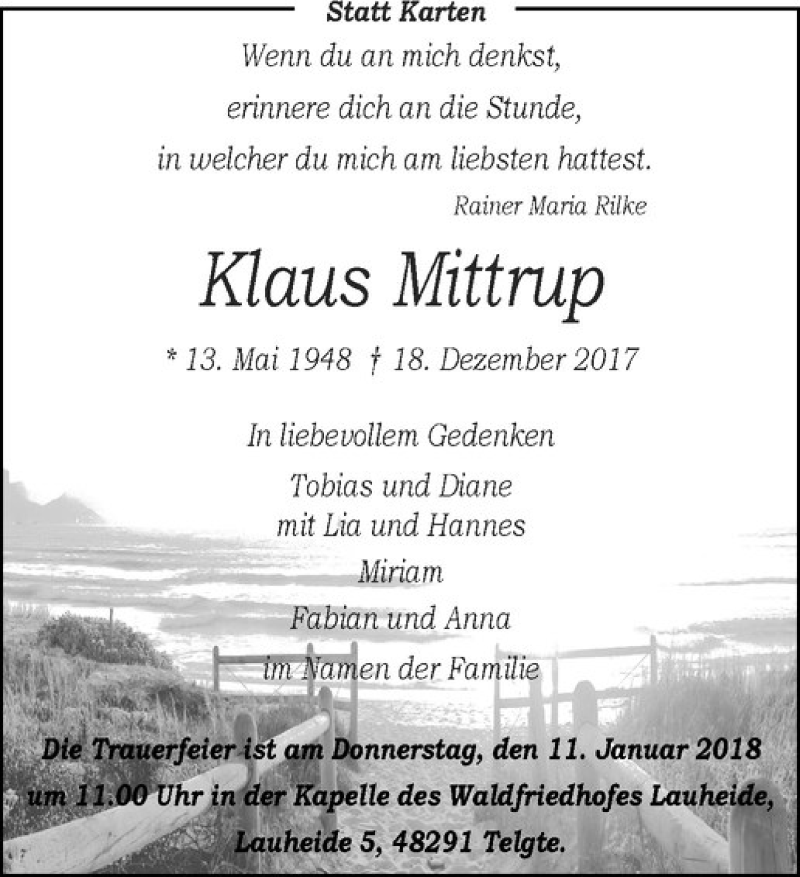 Traueranzeige für Klaus Mittrup vom 30.12.2017 aus Westfälische Nachrichten