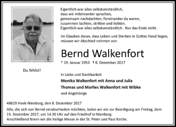 Anzeige von Bernd Walkenfort von Westfälische Nachrichten