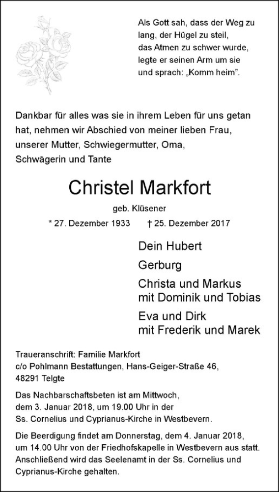  Traueranzeige für Christel Markfort vom 30.12.2017 aus Westfälische Nachrichten