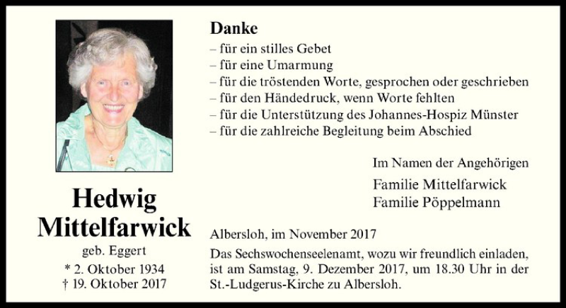  Traueranzeige für Hedwig Mittelfarwick vom 02.12.2017 aus Westfälische Nachrichten