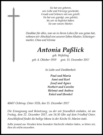 Anzeige von Antonia Paßlick von Westfälische Nachrichten