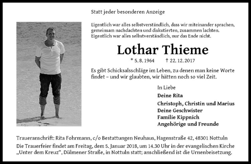  Traueranzeige für Lothar Thieme vom 30.12.2017 aus Westfälische Nachrichten