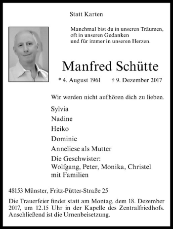Anzeige von Manfred Schütte von Westfälische Nachrichten