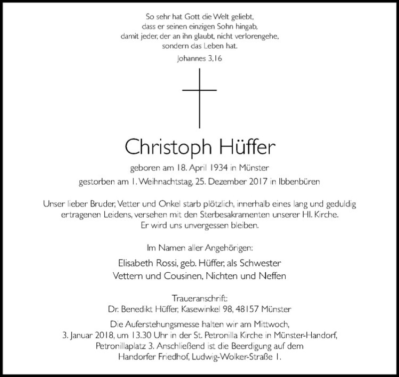  Traueranzeige für   vom 29.12.2017 aus Westfälische Nachrichten