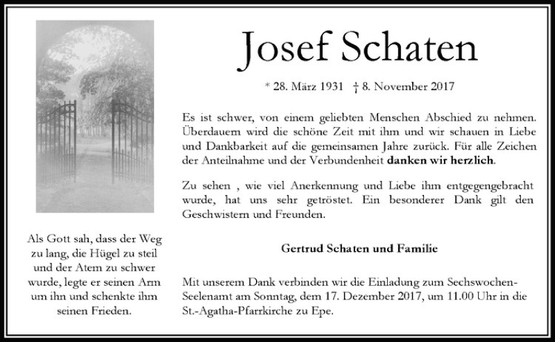  Traueranzeige für Josef Schaten vom 13.12.2017 aus Westfälische Nachrichten