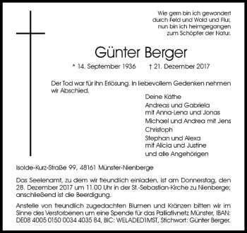 Anzeige von Günter Berger von Westfälische Nachrichten