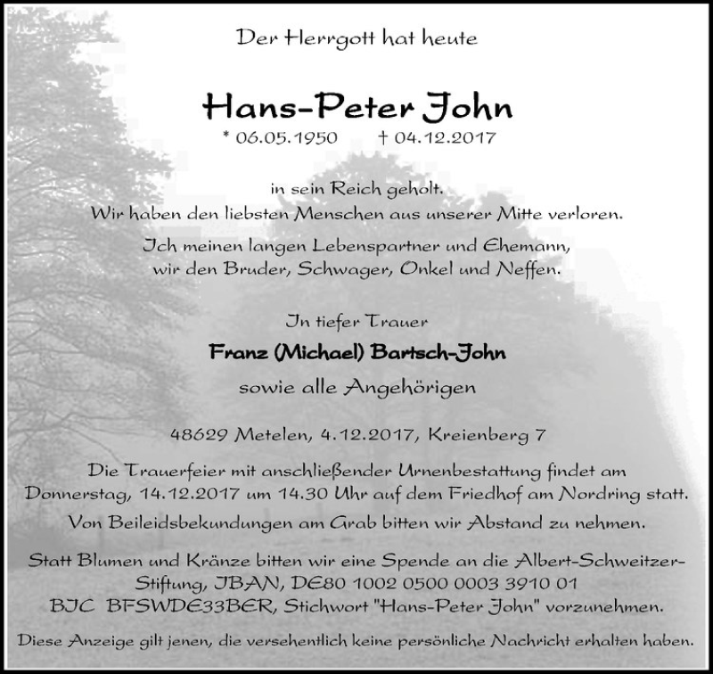 Traueranzeige für Hans-Peter John vom 11.12.2017 aus Westfälische Nachrichten