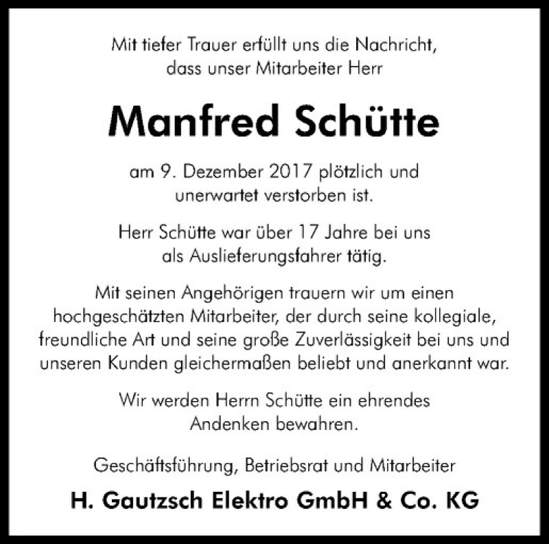  Traueranzeige für Manfred Schütte vom 15.12.2017 aus Westfälische Nachrichten