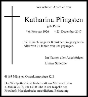 Anzeige von Katharina Pfingsten von Westfälische Nachrichten