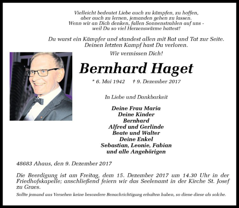  Traueranzeige für Bernhard Haget vom 12.12.2017 aus Westfälische Nachrichten