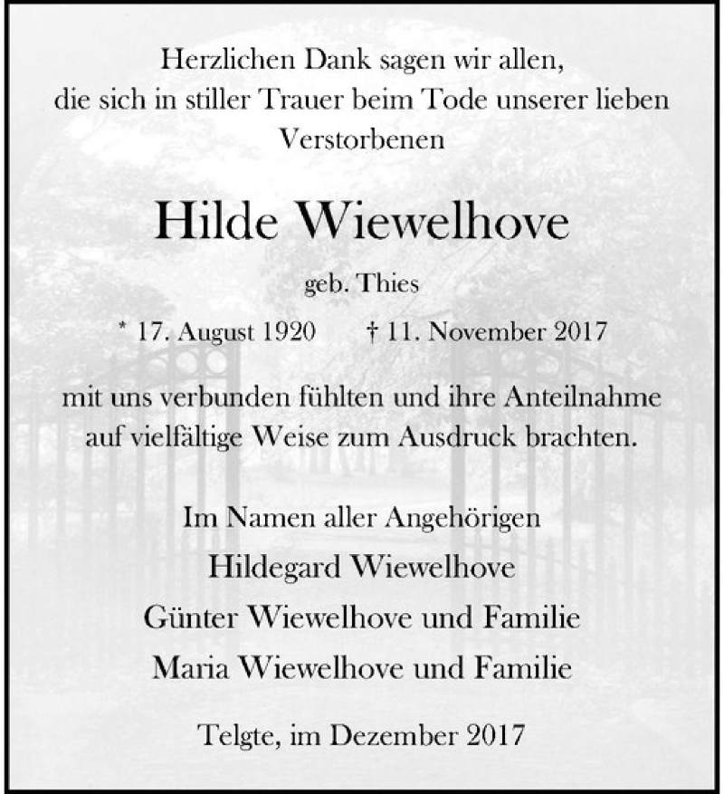  Traueranzeige für Hilde Wiewelhove vom 02.12.2017 aus Westfälische Nachrichten