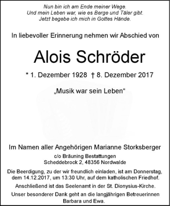 Anzeige von Alois Schröder von Westfälische Nachrichten