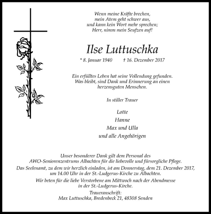  Traueranzeige für Ilse Luttuschka vom 19.12.2017 aus Westfälische Nachrichten