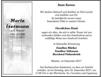 Anzeige von Maria Isermann von Westfälische Nachrichten