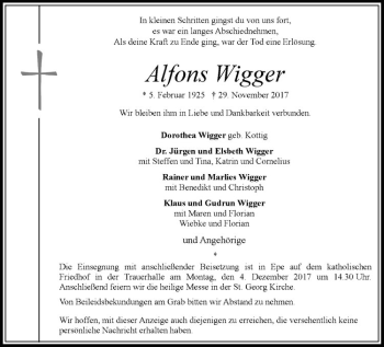 Anzeige von Alfons Wigger von Westfälische Nachrichten