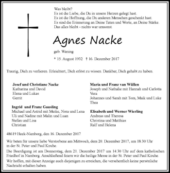 Anzeige von Agnes Nacke von Westfälische Nachrichten