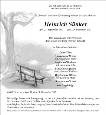Anzeige von Heinrich Sünker von Westfälische Nachrichten