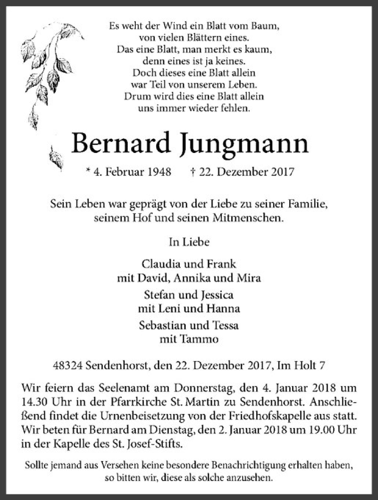  Traueranzeige für Bernard Jungmann vom 30.12.2017 aus Westfälische Nachrichten