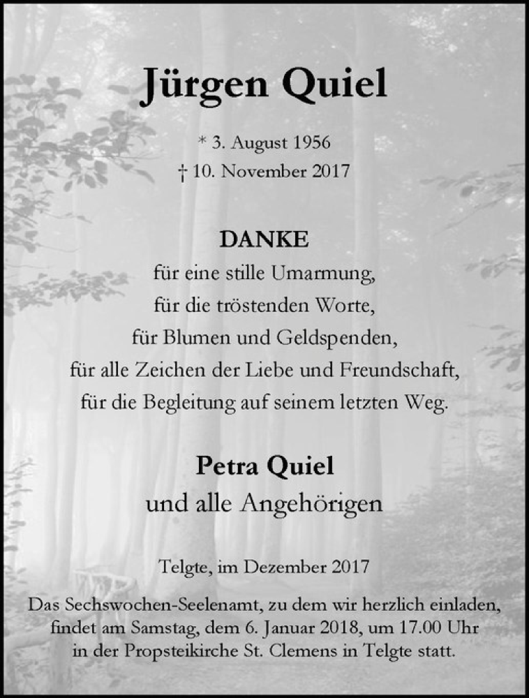  Traueranzeige für Jürgen Quiel vom 30.12.2017 aus Westfälische Nachrichten