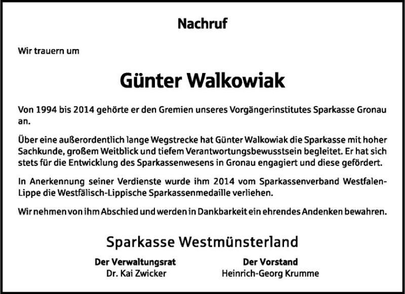  Traueranzeige für Günter Walkowiak vom 07.12.2017 aus Westfälische Nachrichten