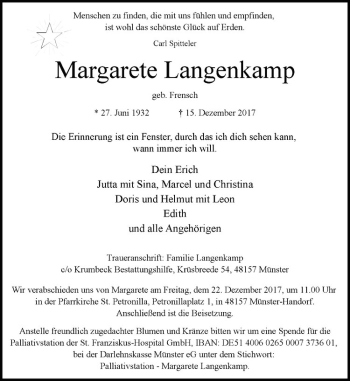 Anzeige von Margarete Langenkamp von Westfälische Nachrichten