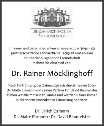 Anzeige von Rainer Möcklinghoff von Westfälische Nachrichten