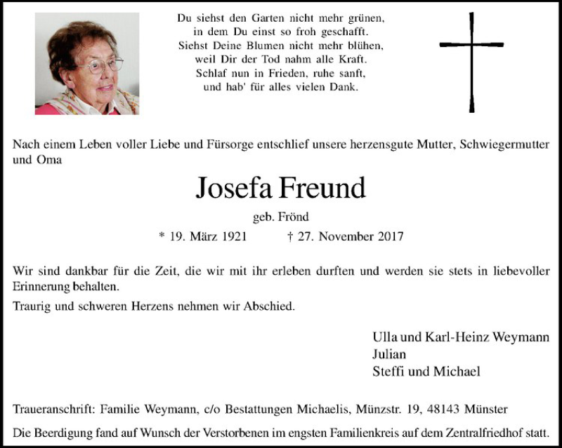  Traueranzeige für Josefa Freund vom 02.12.2017 aus Westfälische Nachrichten
