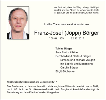 Anzeige von Franz-Josef Börger von Westfälische Nachrichten