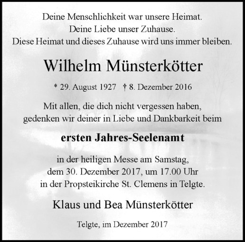  Traueranzeige für Wilhelm Münsterkötter vom 30.12.2017 aus Westfälische Nachrichten