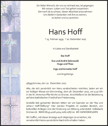 Anzeige von Hans Hoff von Westfälische Nachrichten