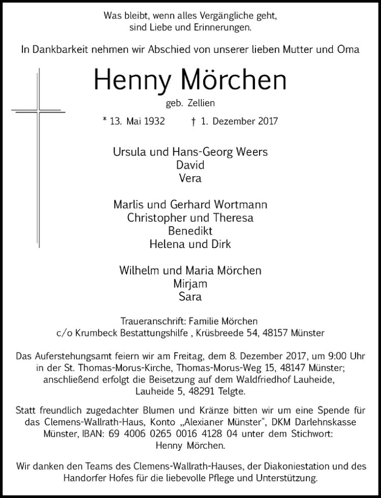  Traueranzeige für Henny Mörchen vom 06.12.2017 aus Westfälische Nachrichten