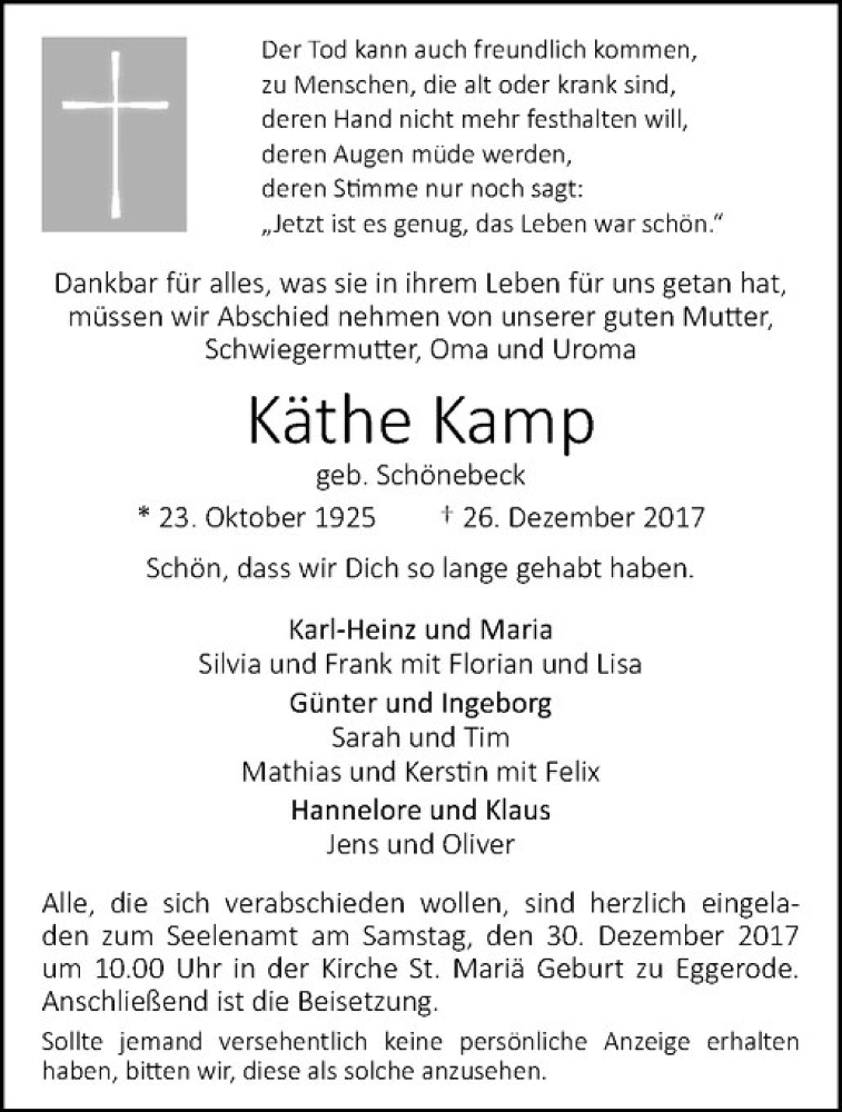  Traueranzeige für Käthe Kamp vom 29.12.2017 aus Westfälische Nachrichten