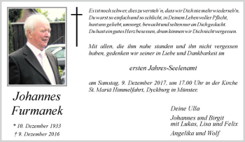 Anzeige von Johannes Furmanek von Westfälische Nachrichten
