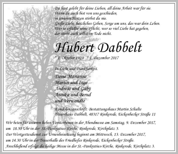 Anzeige von Hubert Dabbelt von Westfälische Nachrichten