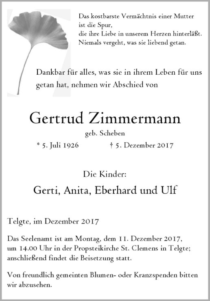  Traueranzeige für Gertrud Zimmermann vom 09.12.2017 aus Westfälische Nachrichten