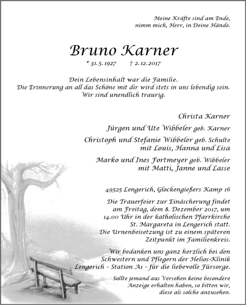 Traueranzeige für Bruno Karner vom 06.12.2017 aus Westfälische Nachrichten