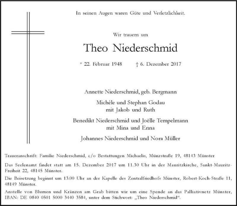  Traueranzeige für Theo Niederschmid vom 09.12.2017 aus Westfälische Nachrichten