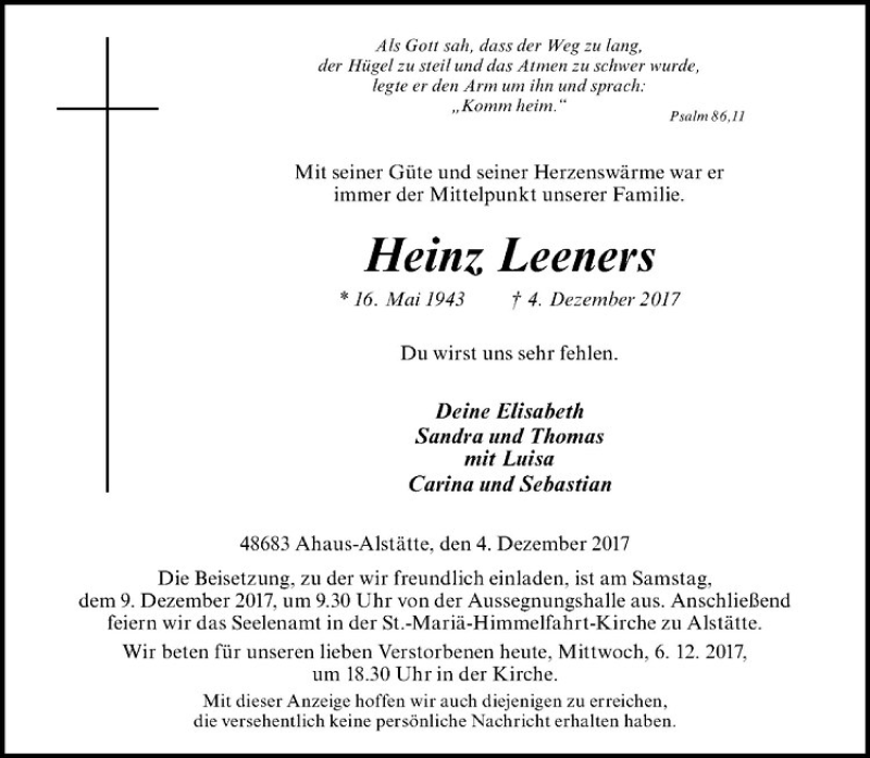  Traueranzeige für Heinz Leeners vom 06.12.2017 aus Westfälische Nachrichten