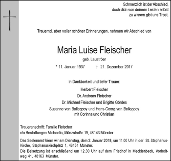 Anzeige von Maria Luise Fleischer von Westfälische Nachrichten